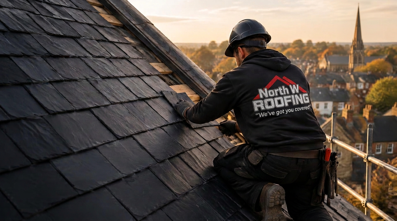 Roofer laying slate tiles on a pitched roof