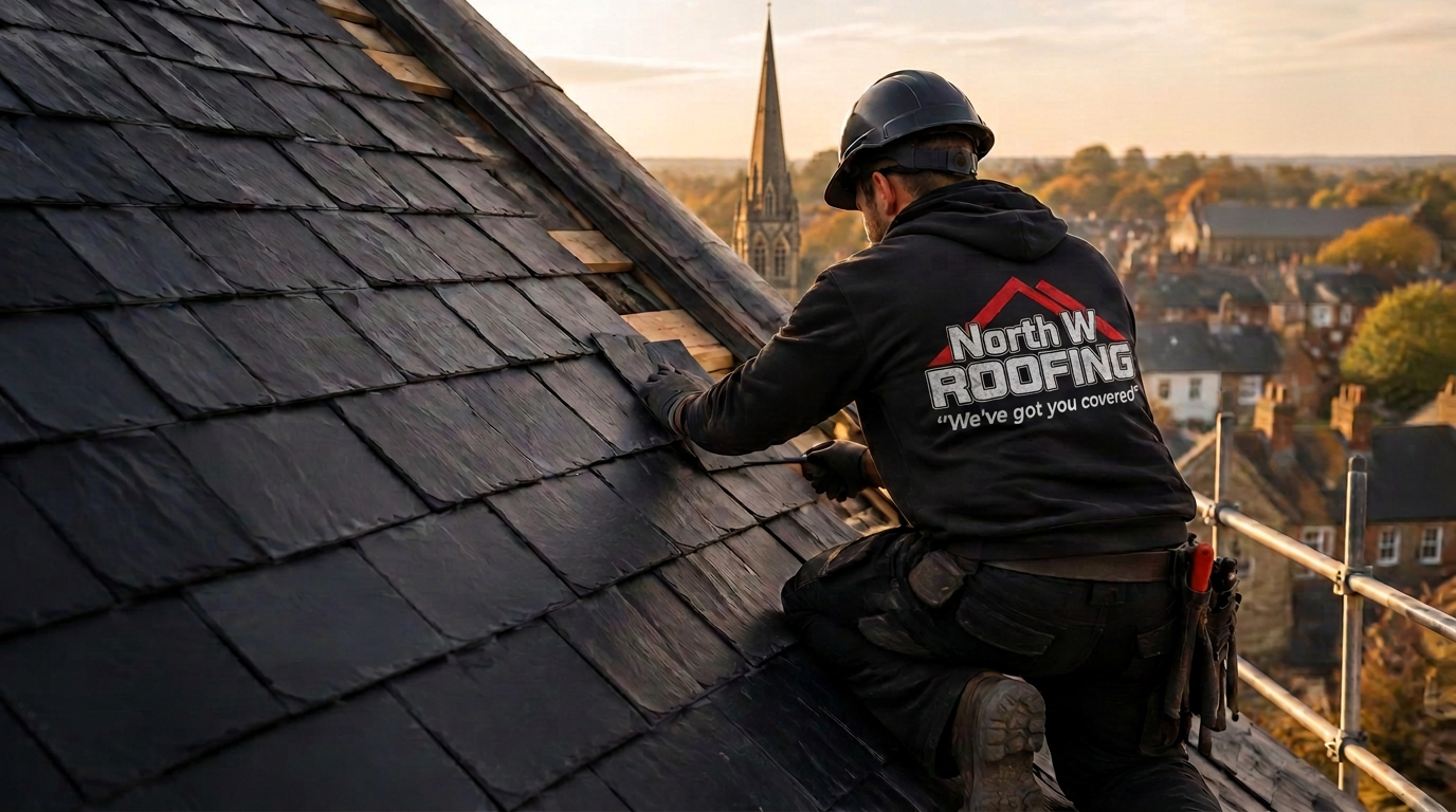 Roofer laying slate tiles on a pitched roof