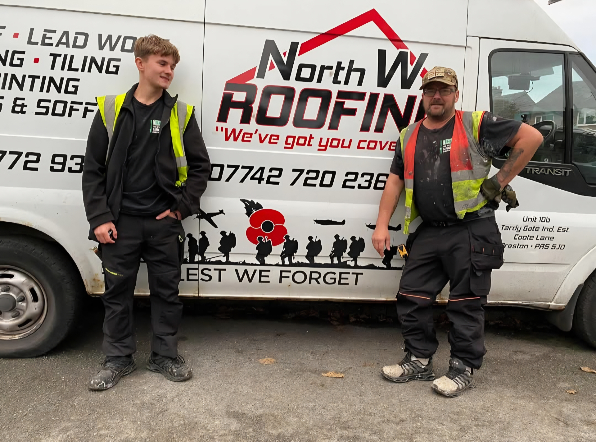 North W Roofing father and son team at their van